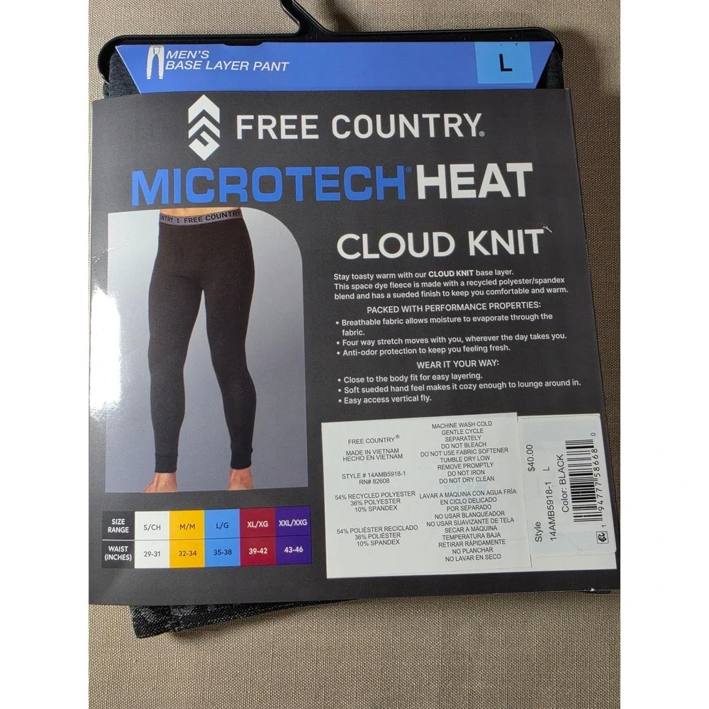 Free Country Mens Microtech Heat Cloud Knit Base Layer Pant Black Large NEW